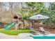 Backyard playground area with a playset, slide, and lounge chairs, ideal for Gathering fun at 785 Charleston Dr, Roswell, GA 30075