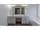 Bathroom featuring a double sink vanity, a soaking tub, and white cabinetry at 1886 Carisbrook Pl, Austell, GA 30168