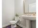 Simple bathroom with pedestal sink, toilet, and a framed mirror at 66 Vicky Way, Douglasville, GA 30134