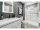 Modern bathroom with a white vanity and marble shower at 1617 Church Ne St, Conyers, GA 30012
