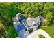 Stunning aerial view of a white home with a lush green lawn and circular driveway surrounded by trees at 3382 Habersham Rd, Atlanta, GA 30305