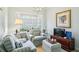 Cozy sitting room features striped sofas, a bay window, and a TV at 11 Ivy Chase Ne, Atlanta, GA 30342