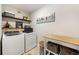 Laundry room with front load washer and dryer, folding table, shelves, and bird art at 1121 Red Oak Ln, Loganville, GA 30052