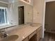 Double sink bathroom vanity with large mirror and adjacent toilet at 3763 Woodrose Ct, Snellville, GA 30039