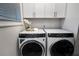 Laundry room with white cabinets and LG washer and dryer at 124 Everley Walk, Alpharetta, GA 30009
