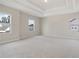 Spacious bedroom with a tray ceiling, neutral paint, and ample natural light at 405 Westmarch Cir, Loganville, GA 30052