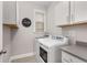 Clean and organized laundry room with front loading washer and dryer at 505 Flyingbolt Run, Canton, GA 30115