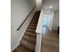 Carpeted staircase with wooden handrail leading to the upper level at 2116 Stillhaven Pl, Douglasville, GA 30135