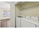 Laundry room with a modern washer and dryer and wire shelving for storage at 2320 Whitestone Pl, Alpharetta, GA 30005