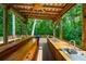 Long wooden outdoor bar with a built-in sink and grill at 2010 Sturbridge Ln, Buford, GA 30519