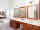 Primary bath with soaking tub, vanity, dark wood cabinets and large mirrors at 101 Chestnut Dr, Canton, GA 30114