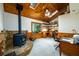 Home office with wood-paneled walls, a wood-burning stove, and skylights at 4955 H D Atha Rd, Covington, GA 30014