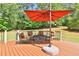 Deck with seating area and umbrella at 1409 Woodmere Ct, Mcdonough, GA 30252