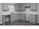 Functional kitchen with gray cabinetry, granite countertops, white subway tile, and modern flooring at 250 Shawnee Trl, Dallas, GA 30157