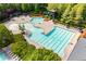 Aerial view of a community pool with a variety of lounge chairs, trees, and manicured landscaping at 115 Greenbrier Way, Canton, GA 30114
