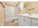 Clean bathroom with white vanity, shower/tub combo, and tile flooring at 3284 Huntwood Drive, Decatur, GA 30034