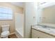 Bathroom featuring granite countertops and a shower/tub combo with new fixtures at 5925 S Quail Dr, Douglasville, GA 30135