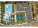 Picture of a clubhouse, pool, parking lot, and tennis courts from the air at 5320 Memento Trace, Cumming, GA 30040