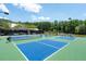Blue and green community pickleball courts offer a dynamic outdoor recreation space surrounded by trees at 5320 Memento Trace, Cumming, GA 30040