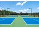 Two bright blue and green community pickleball courts are flanked by dark fencing and tall trees at 5320 Memento Trace, Cumming, GA 30040