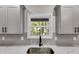 Stylish kitchen with gray cabinets, stainless steel sink, and a backyard view at 8981 Callaway Dr, Winston, GA 30187