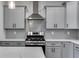 Close up of modern kitchen with gray cabinets, quartz countertops, and stainless steel appliances at 8981 Callaway Dr, Winston, GA 30187