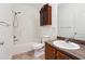 Bathroom with shower/tub combo and a linen cabinet at 2005 Creek Pointe Way, Villa Rica, GA 30180