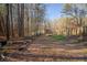 Backyard with mature trees, a storage shed, garden beds, and a wooden fence at 1620 Palm St, Canton, GA 30115