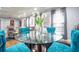 Dining area with a glass top table, turquoise velvet chairs and modern decor at 218 Ward Rd, Ellenwood, GA 30294