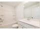 Bright bathroom featuring a tub with shower, modern vanity with mirror, and neutral finishes at 261 Dahlia Dr, Woodstock, GA 30188