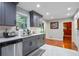 Modern kitchen with gray cabinets, white backsplash, and stainless steel appliances at 2583 Bronco Trl, Duluth, GA 30096