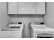 Efficient laundry room with white cabinets and modern washer and dryer units at 212 Teepee Trl, Whitesburg, GA 30185