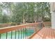 A pool with a wood deck and fence is surrounded by trees at 1901 Shelburne Cv, Marietta, GA 30068