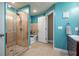 This updated bathroom has a separate tub, walk-in shower, and dual sinks at 118 Lucia Se Dr, Smyrna, GA 30082
