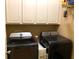 Laundry room with modern black washer and dryer units with white storage cabinets at 517 Mary Margaret Walk, Loganville, GA 30052
