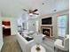 Living room with fireplace, staged furniture, and large windows at 798 Windchase Ln, Stone Mountain, GA 30083