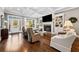 Bright living room with fireplace, coffered ceiling, hardwood floors and ample natural light at 1545 Camden Cove Dr, Cumming, GA 30040