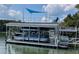 Modern boat dock featuring multiple boat slips, a sun deck, and a boat lift for easy water access at 8535 Lynn Dr, Cumming, GA 30041