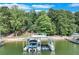 A covered boat dock featuring lifts and storage, surrounded by lush greenery and a serene waterfront at 8535 Lynn Dr, Cumming, GA 30041