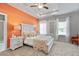 Main bedroom with orange accent wall and floral bedding at 20 Jacobs Farm Ln # 10, Lawrenceville, GA 30043