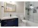 Bathroom with navy vanity, gold fixtures, and glass shower at 2715 Memorial Se Dr, Atlanta, GA 30317