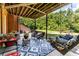Covered patio with seating area, rug, and wooded backdrop at 260 Koller Dr, Powder Springs, GA 30127