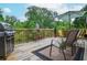 Back deck with grill, dining set, umbrella, and a serene view of the lush green backyard at 830 Montego Sw Way, Lilburn, GA 30047