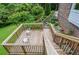 Wooden back deck with staircase leading to the landscaped yard, and white Adirondack chairs for relaxing at 830 Montego Sw Way, Lilburn, GA 30047