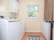 Functional laundry room with washer, dryer, and storage cabinets at 830 Montego Sw Way, Lilburn, GA 30047