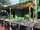 Covered patio view of a modern home under construction with green sheathing and exposed wooden support beams at 3534 Rockhaven Ne Cir, Atlanta, GA 30324