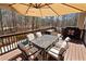 Back deck with a table and seating; umbrella is providing shade from the sun at 5073 Kingsbridge Pass, Powder Springs, GA 30127