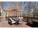 Back deck with a table and seating; umbrella is providing shade from the sun at 5073 Kingsbridge Pass, Powder Springs, GA 30127