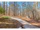Wooded backyard with a concrete pathway and storage shed at 796 Marion Beavers Rd, Sharpsburg, GA 30277