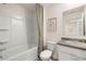 Neutral bathroom featuring a shower-tub combo and vanity sink, offering a clean and functional design at 353 Sound Cir, Stockbridge, GA 30281